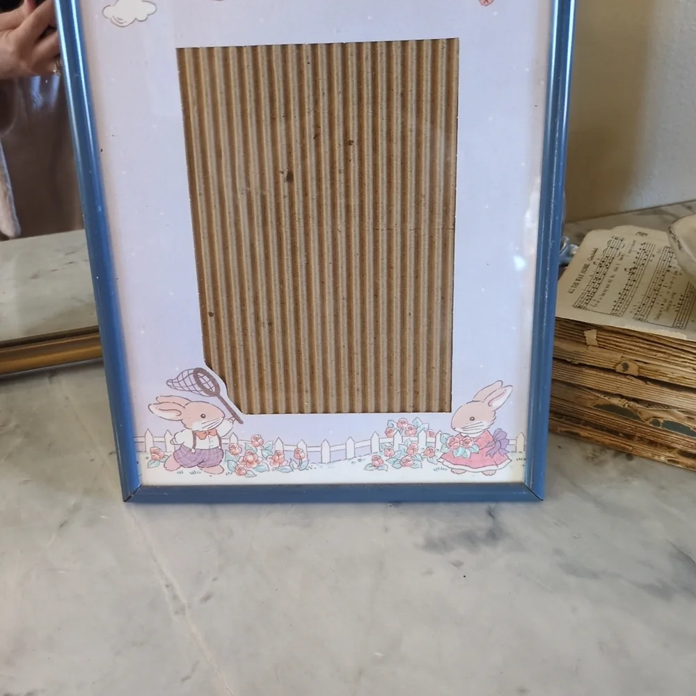 Vintage Rabbit Picture Frame- Nursery, Easter- Blue Frame